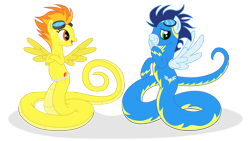 Size: 3900x2200 | Tagged: safe, artist:elsdrake, derpibooru import, soarin', spitfire, lamia, original species, simple background, species swap, transparent background, vector