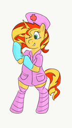 Size: 1080x1920 | Tagged: safe, artist:drunken bubblez, derpibooru exclusive, sunset shimmer, pony, bipedal, nurse outfit, one eye closed, smiling, solo, wink