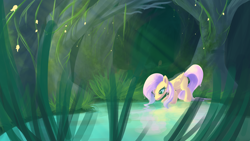 Size: 2500x1406 | Tagged: safe, artist:seyllah, fluttershy, pegasus, pony, forest, grass, pond, reflection, solo, water