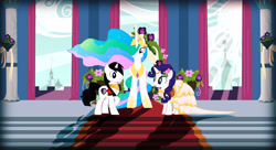 Size: 9500x5175 | Tagged: safe, artist:barrfind, princess celestia, rarity, oc, oc:barrfind, alicorn, pony, unicorn, absurd resolution, canon x oc, clothes, dress, female, male, marriage, rarifind, shipping, straight, vector, wallpaper, wedding, wedding dress