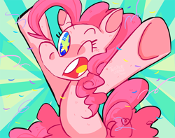 Size: 1000x789 | Tagged: dead source, safe, artist:stevetwisp, pinkie pie, earth pony, pony, confetti, happy, open mouth, solo, starry eyes, wingding eyes, wink