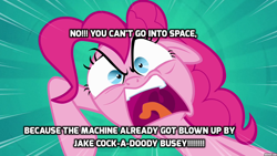 Size: 1280x720 | Tagged: safe, edit, edited screencap, screencap, pinkie pie, earth pony, pony, pinkie pride, caption, contact, family guy, image macro, jake busey, meme, misery, parody, parody of a parody, ragey pie, vulgar