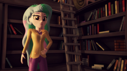 Size: 1920x1080 | Tagged: safe, artist:razethebeast, princess celestia, principal celestia, equestria girls, 3d, book, bookshelf, clothes, ladder, pants, solo, source filmmaker