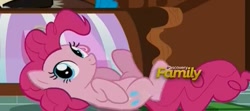 Size: 687x305 | Tagged: safe, screencap, pinkie pie, earth pony, pony, what about discord?, cute, discovery family logo, on back, solo