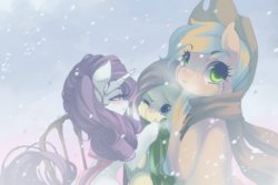 Size: 750x501 | Tagged: dead source, safe, artist:loyaldis, applejack, fluttershy, rarity, earth pony, pegasus, pony, unicorn, crying, sad, scarf, snow, winter