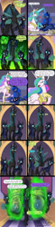Size: 1200x4929 | Tagged: safe, artist:omny87, princess celestia, princess luna, queen chrysalis, alicorn, changeling, changeling queen, pony, to where and back again, absurd resolution, changeling guard, cocoon, comic, magic, paper, ponyloaf, prone, quill, royal sisters, telekinesis, uselesstia