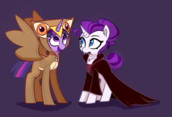 Size: 1951x1323 | Tagged: safe, artist:lilfunkman, rarity, twilight sparkle, twilight sparkle (alicorn), alicorn, owl, pony, undead, unicorn, vampire, vampony, clothes, costume, cute, female, lesbian, mare, rarilight, shipping