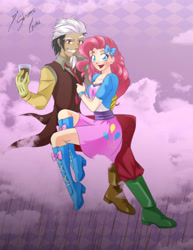 Size: 2153x2786 | Tagged: safe, artist:shinta-girl, discord, pinkie pie, human, balloon, boots, bowtie, chocolate milk, chocolate rain, clothes, couple, discopie, equestria girls outfit, female, high heel boots, humanized, male, shipping, skirt, straight