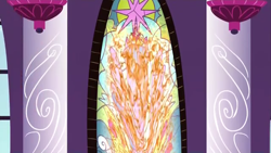 Size: 640x360 | Tagged: safe, derpibooru import, screencap, twilight sparkle, twilight sparkle (alicorn), alicorn, pony, twilight's kingdom, female, hub logo, mare, melting, stained glass, window