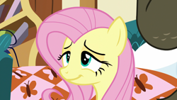 Size: 1920x1080 | Tagged: safe, screencap, fluttershy, pegasus, pony, scare master, bed, smiling