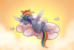 Size: 3031x2048 | Tagged: safe, artist:rikadiane, derpibooru import, rainbow dash, pegasus, pony, cloud, cloudy, eyes closed, female, frog (hoof), hat, lying on a cloud, mare, party hat, signature, sky, solo, underhoof