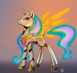 Size: 1146x1078 | Tagged: safe, alternate version, artist:overkenzie, princess celestia, alicorn, pony, robot, floating wings, horn, solo, wings