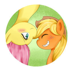 Size: 900x900 | Tagged: safe, artist:cartoonartist, artist:senseijiufu, applejack, fluttershy, earth pony, pegasus, pony, appleshy, blushing, eyes closed, female, grin, lesbian, shipping, smiling, upside down