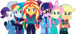 Size: 1280x572 | Tagged: safe, edit, edited screencap, screencap, applejack, fluttershy, rainbow dash, rarity, sci-twi, sunset shimmer, twilight sparkle, better together, equestria girls, holidays unwrapped, background removed, cap, clothes, earmuffs, glasses, gloves, hat, jacket, scarf