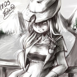 Size: 768x768 | Tagged: safe, artist:koi-to, applejack, human, belly button, clothes, fence, frown, grayscale, humanized, midriff, monochrome, solo, straw