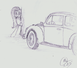 Size: 4715x4144 | Tagged: safe, artist:radiatingcalm, fluttershy, pegasus, pony, absurd resolution, car, corner, discovery, monochrome, quick sketch, shy, solo, volkswagen beetle, wall