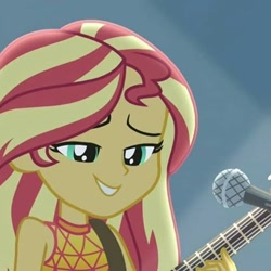 Size: 480x480 | Tagged: safe, screencap, sunset shimmer, better together, equestria girls, let it rain, cropped, guitar, microphone, musical instrument, play, song