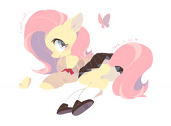 Size: 1433x1054 | Tagged: safe, artist:catrroll, fluttershy, butterfly, pegasus, pony, blushing, bottomless, clothes, flat colors, miniskirt, partial nudity, plot, shoes, skirt, socks, solo, sweater, sweatershy