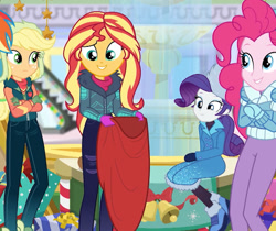 Size: 1138x954 | Tagged: safe, screencap, applejack, pinkie pie, rarity, sunset shimmer, better together, equestria girls, holidays unwrapped, bag, cap, christmas, clothes, cropped, gloves, hat, holiday, jacket, smiling