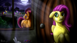 Size: 1200x665 | Tagged: safe, artist:winternachts, angel bunny, apple bloom, fluttershy, scootaloo, sweetie belle, pegasus, pony, clothes, costume, cutie mark crusaders, frankenstein's bride, hiding, moonlight, nightmare night, scarecrow, scared, skeleton costume, sweets, trick or treat