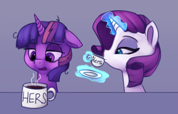 Size: 1193x763 | Tagged: safe, artist:lilfunkman, rarity, twilight sparkle, pony, unicorn, coffee, cup, duo, duo female, eyeshadow, female, glowing horn, lesbian, lidded eyes, magic, makeup, messy mane, mug, open mouth, rarilight, shipping, sipping, telekinesis, tired