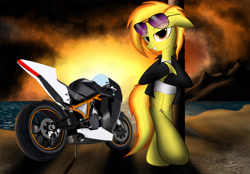 Size: 3200x2227 | Tagged: safe, artist:spitshy, derpibooru import, spitfire, beach, clothes, jacket, ktm rc8, motorcycle, solo, sunglasses, sunset