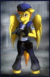 Size: 1200x1855 | Tagged: safe, artist:ookamithewolf1, derpibooru import, spitfire, anthro, arm hooves, capcom, clothes, crossover, gun, jill valentine, police pony, resident evil, solo, weapon