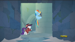 Size: 851x482 | Tagged: safe, derpibooru import, screencap, rainbow dash, rarity, pegasus, pony, unicorn, sparkle's seven, corridor, detective rarity, discovery family logo, lever