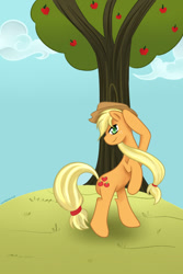 Size: 397x594 | Tagged: safe, artist:cartoonartist, artist:senseijiufu, applejack, earth pony, pony, applehat, solo, tree