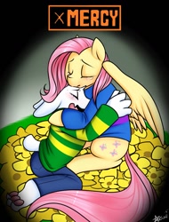 Size: 975x1280 | Tagged: safe, artist:azure-doodle, fluttershy, pegasus, pony, asriel dreemurr, comforting, crossover, crying, cute, frisk, friskershy, hug, spoilers for another series, undertale