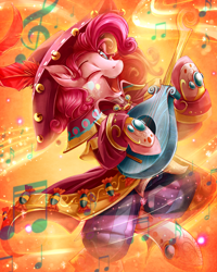 Size: 3600x4500 | Tagged: safe, artist:jadedjynx, part of a set, pinkie pie, earth pony, pony, absurd resolution, bard, bard pie, clothes, dancing, fantasy class, female, lute, mare, music notes, one eye closed, open mouth, solo, wink