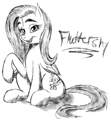 Size: 977x1078 | Tagged: safe, artist:thethunderpony, fluttershy, pegasus, pony, monochrome, open mouth, raised hoof, simple background, sitting, sketch, smiling, solo