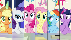 Size: 1920x1080 | Tagged: safe, derpibooru import, edit, edited screencap, screencap, applejack, fluttershy, pinkie pie, rainbow dash, rarity, twilight sparkle, twilight sparkle (alicorn), alicorn, earth pony, pegasus, pony, unicorn, sparkle's seven, elements of harmony, friendship throne, mane six, wallpaper, wallpaper edit