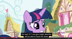 Size: 1600x870 | Tagged: safe, derpibooru import, screencap, twilight sparkle, twilight sparkle (alicorn), alicorn, pony, tyrannosaurus rex, twilight's kingdom, female, hub logo, mare, meme, solo, youtube caption