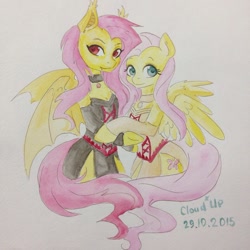 Size: 960x960 | Tagged: safe, artist:cloud-up, fluttershy, bat pony, pony, duality, flutterbat, traditional art