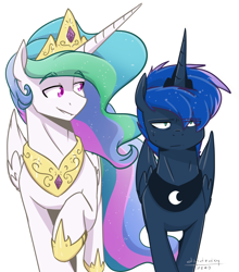 Size: 2108x2396 | Tagged: safe, artist:lrusu, princess celestia, princess luna, alicorn, pony, :, collar, duo, jewelry, lidded eyes, necklace, raised hoof, regalia, rule 63, simple background, smiling, transparent background, unamused