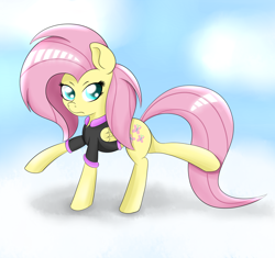 Size: 2700x2536 | Tagged: safe, artist:canister, fluttershy, pegasus, pony, clothes, jacket, solo