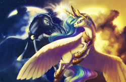 Size: 1887x1241 | Tagged: safe, artist:t0xiceye, princess celestia, princess luna, alicorn, pony, glowing horn, large wings, moon, sun, wings