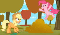 Size: 1318x768 | Tagged: safe, artist:lifesharbinger, applejack, pinkie pie, earth pony, pony, leaf pile, leaves, rake