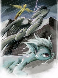 Size: 1200x1600 | Tagged: safe, artist:anchor, derpibooru import, fleetfoot, soarin', spitfire, pegasus, pony, flying, lightning, pixiv, rain, storm, thunderstorm