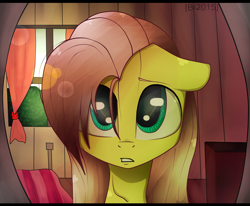 Size: 2422x2000 | Tagged: safe, artist:bylka-x, fluttershy, pegasus, pony, bedroom, bust, floppy ears, full face view, lens flare, portrait, solo