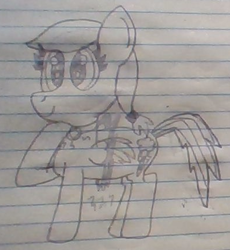 Size: 396x430 | Tagged: safe, artist:nightshadowmlp, derpibooru import, evil pie hater dash, rainbow dash, oc, oc:snowfall wind, pegasus, pony, secrets and pies, disguise, jewelry, lineart, lined paper, necklace, smiling, solo, traditional art