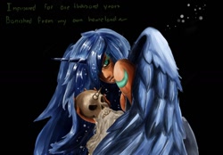 Size: 1280x889 | Tagged: safe, artist:sundown, nightmare moon, star swirl the bearded, frown, glare, glowing eyes, horn, horned humanization, humanized, illidan stormrage, looking at you, looking back, skull, solo, tattoo, winged humanization