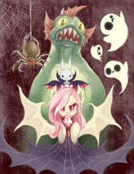 Size: 1280x1658 | Tagged: safe, artist:mlpanon, angel bunny, fluttershy, harry, bat pony, pony, spider, scare master, flutterbat, fuzzy legs, harry the swamp monster, nightmare night