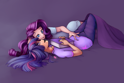 Size: 3000x2000 | Tagged: safe, artist:lilfunkman, rarity, twilight sparkle, human, book, female, humanized, lesbian, looking up, on back, open mouth, purple background, rarilight, shipping, simple background, smiling