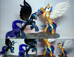 Size: 1024x792 | Tagged: safe, artist:hampony, artist:harwick, nightmare moon, princess celestia, alicorn, pony, armor, craft, fight, figure, sculpture, traditional art