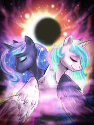 Size: 788x1040 | Tagged: safe, artist:not-ordinary-pony, princess celestia, princess luna, alicorn, pony, duo, eclipse, eyes closed, eyeshadow, frown, makeup, missing accessory, royal sisters, smiling