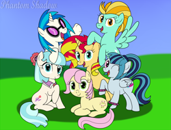 Size: 1500x1142 | Tagged: safe, artist:phantomshadow051, coco pommel, dj pon-3, lightning dust, posey, sonata dusk, sunset shimmer, vinyl scratch, earth pony, pegasus, pony, unicorn, g1, alternate mane six, bow, cocobetes, cute, dustabetes, equestria girls ponified, female, g1 to g4, generation leap, looking at you, mane six opening poses, mare, one eye closed, open mouth, ponified, prone, request, signature, sitting, smiling, smiling at you, sonatabetes, spread wings, tail bow, vinylbetes, wings, wink, wristband