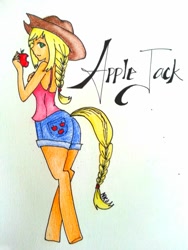 Size: 960x1280 | Tagged: safe, artist:nahlahlie, applejack, earth pony, pony, satyr, apple, satyrized, solo