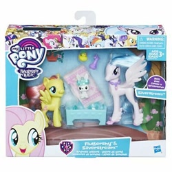 Size: 400x400 | Tagged: safe, derpibooru import, applejack, fluttershy, pinkie pie, rainbow dash, rarity, silverstream, twilight sparkle, earth pony, hippogriff, pegasus, pony, unicorn, box, doll, hasbro, my little pony logo, table, toy